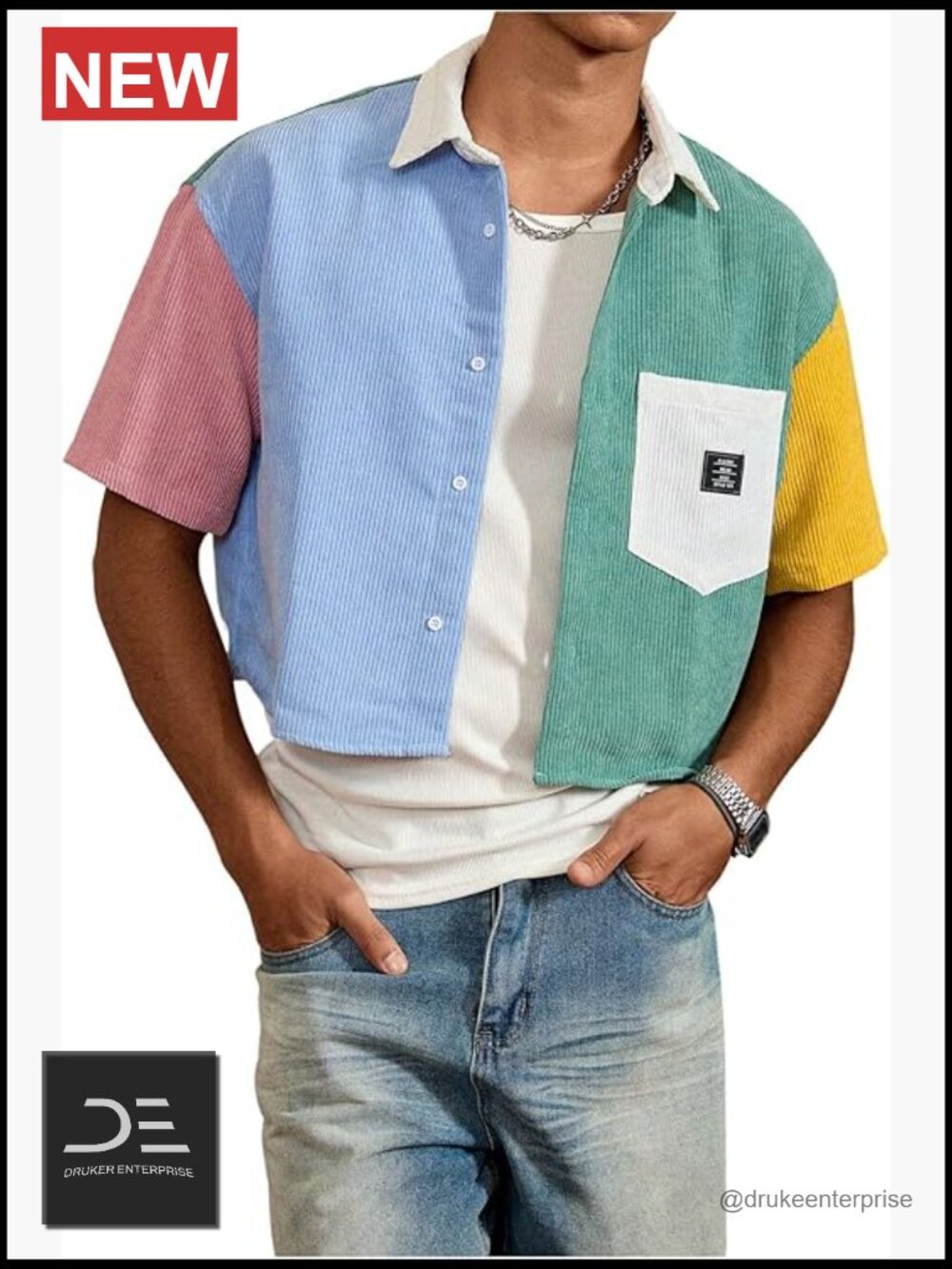 Men's Striped Cropped Button Down Shirt Short Sleeve Colorblock Casual